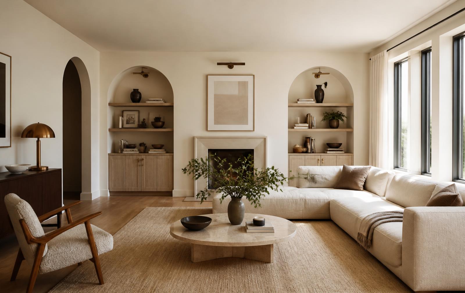 Living room after renovation by Atelier Noir: cream plaster walls, oak floors and bronze accents